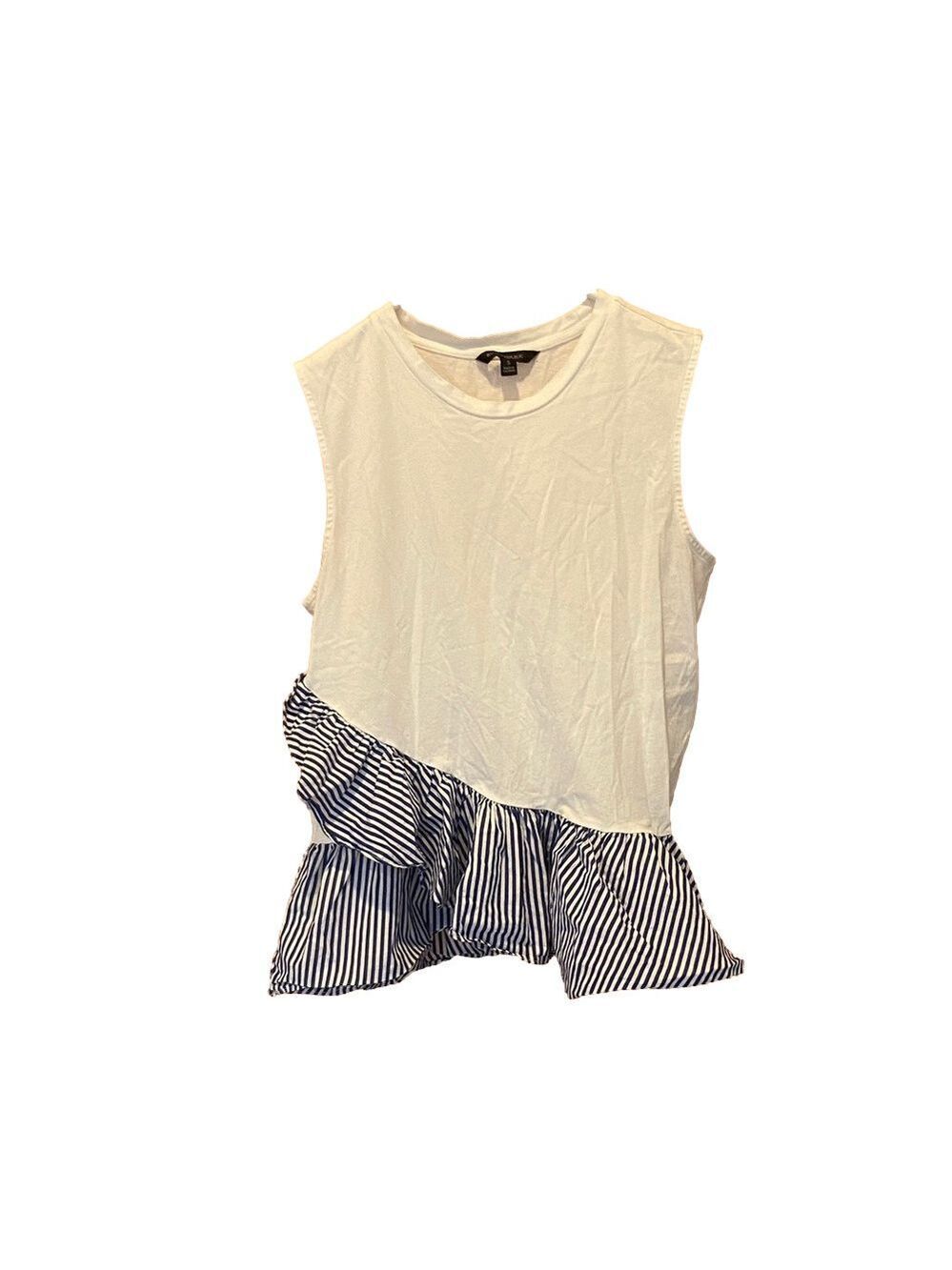 Banana Republic White Tank Top with Blue Striped Asymmetrical Ruffle Hem - Small